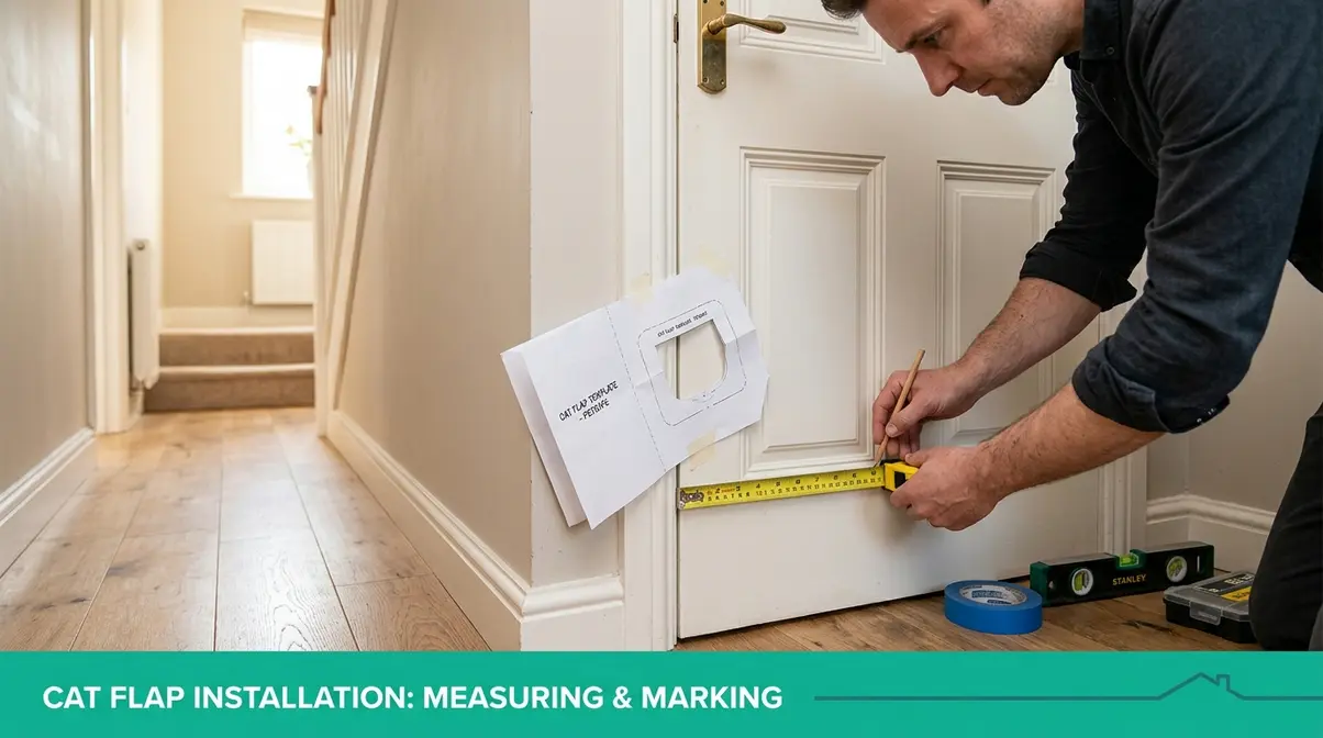 Person measuring wooden door with tape measure to mark correct cat flap position at 15cm from floor