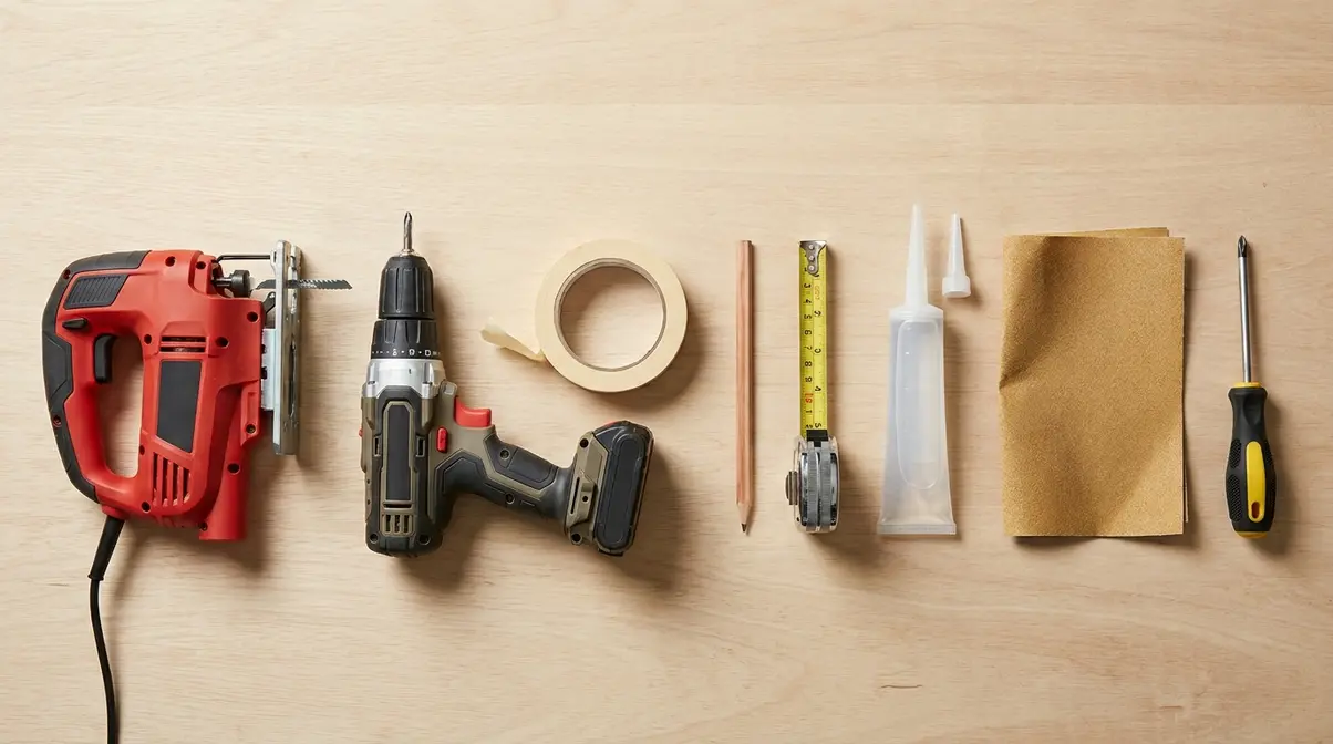 Tools needed to fit a cat flap including jigsaw, drill, masking tape and pencil laid out on workbench