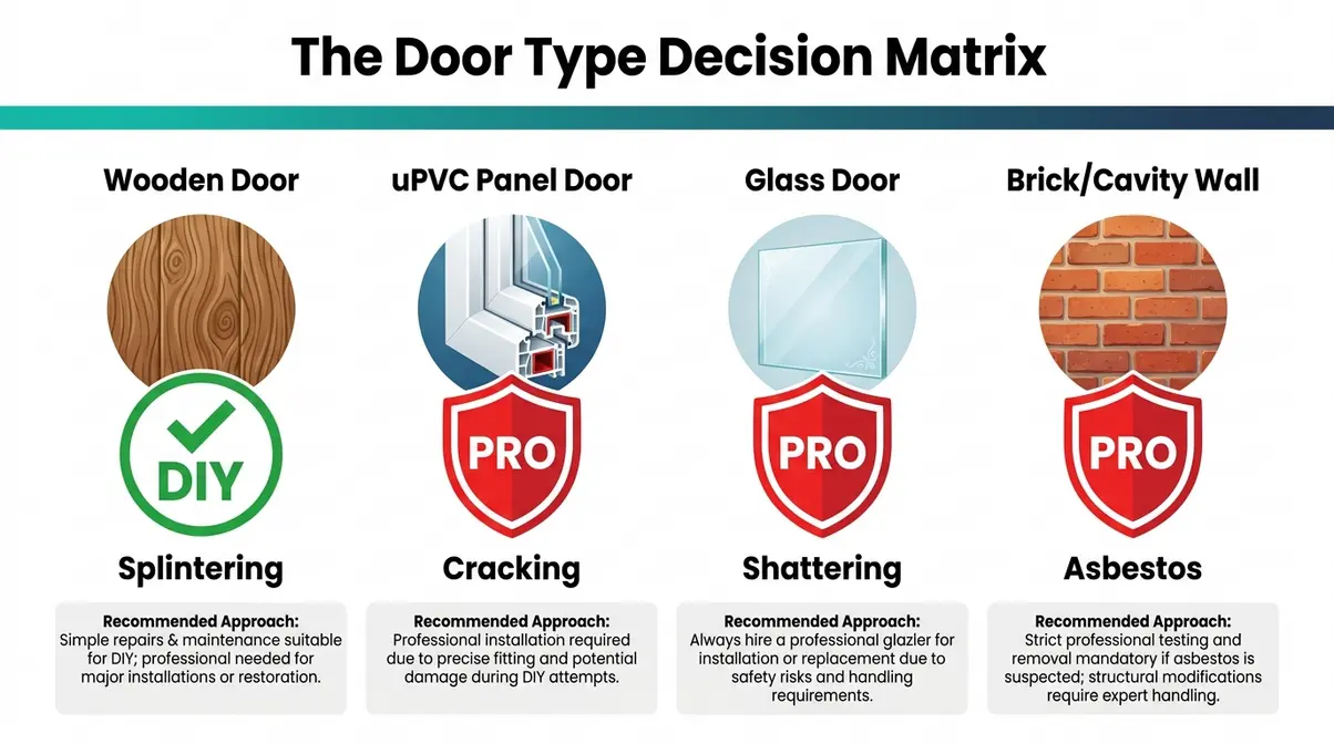 Door type decision matrix showing DIY vs professional recommendation for wood, uPVC, glass and wall cat flap installation