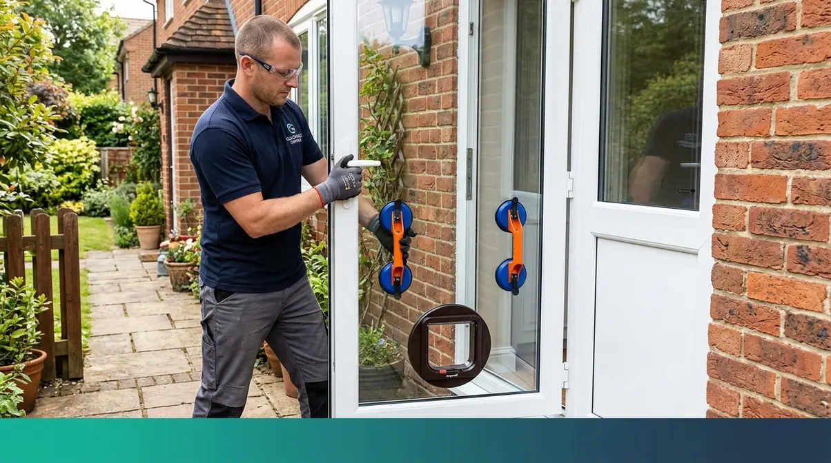 Professional glazier installing replacement glass door panel with pre-cut cat flap opening in uPVC door frame
