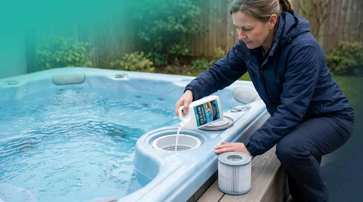 Person pouring Fix-A-Leak liquid sealant into hot tub filter housing with filter cartridge removed
