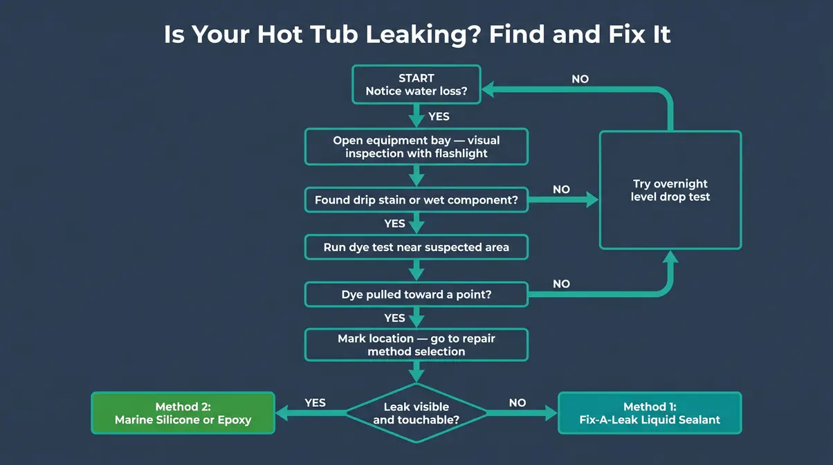 Flowchart for diagnosing a hot tub leak from visual inspection through dye test to choosing Method 1 or Method 2 repair