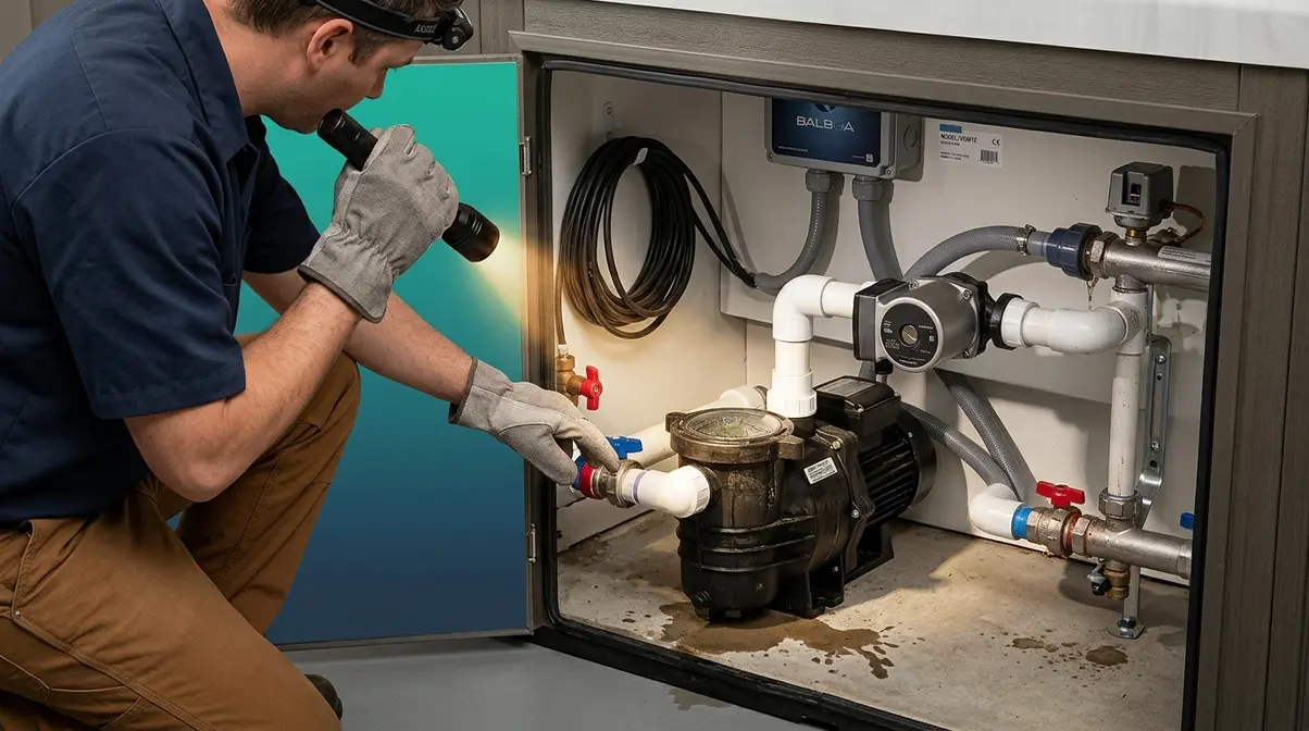 Person inspecting open hot tub equipment bay with flashlight to diagnose source of leak