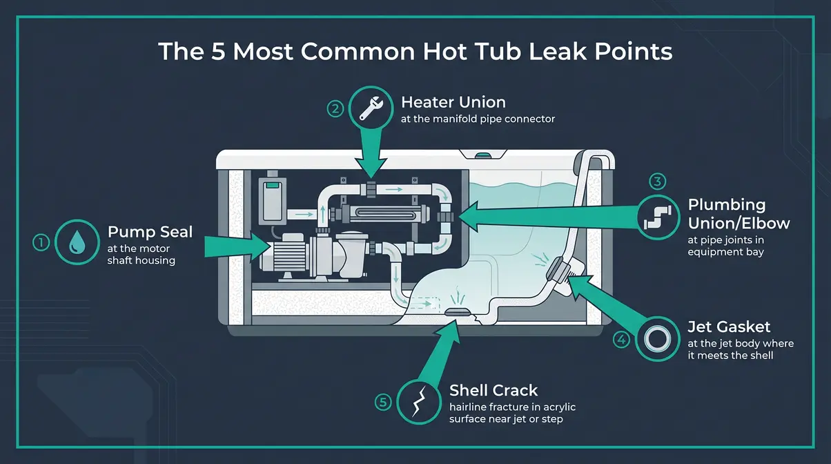 Diagram of hot tub anatomy showing pump seal, heater union, plumbing valve, jet gasket, and shell crack leak points