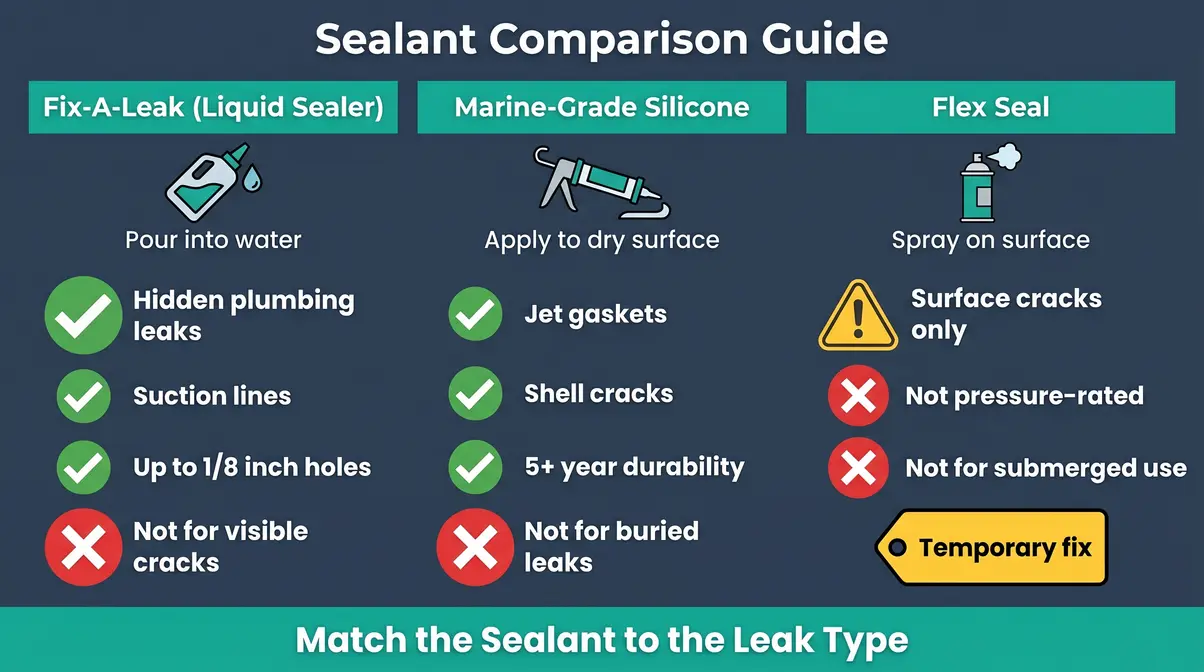 Side-by-side comparison of Fix-A-Leak liquid sealer, marine silicone, and Flex Seal showing appropriate hot tub leak type for each