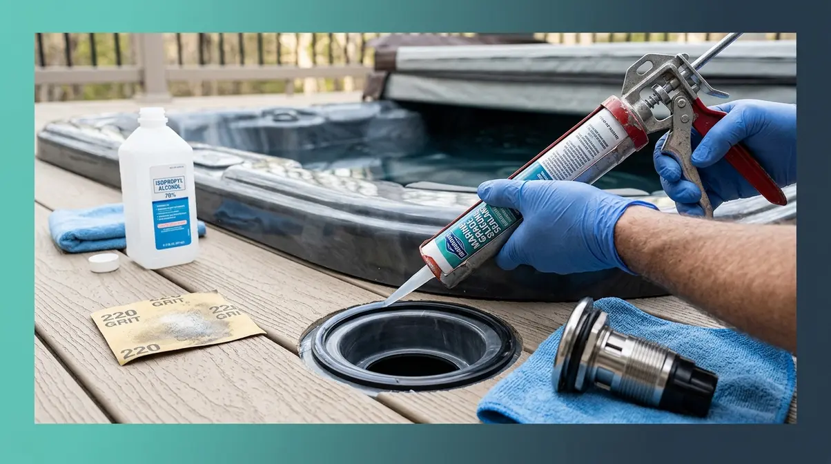 Gloved hand applying marine silicone sealant bead around hot tub jet gasket channel using caulking gun