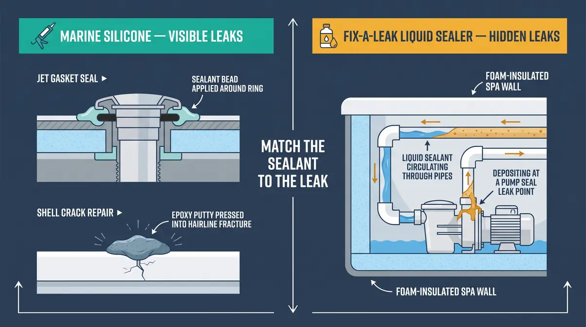 Diagram comparing topical marine silicone on jet gasket and shell crack versus liquid sealer circulating through internal hot tub plumbing