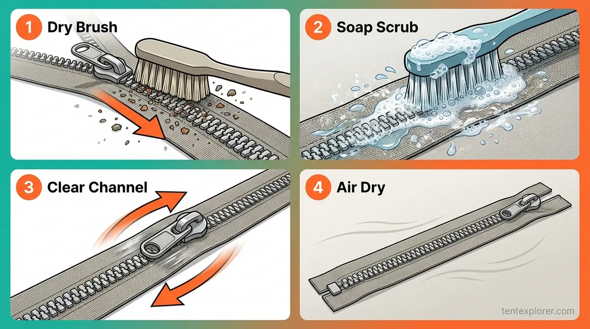 Step-by-step illustration of toothbrush cleaning tent zipper teeth from top stop downward