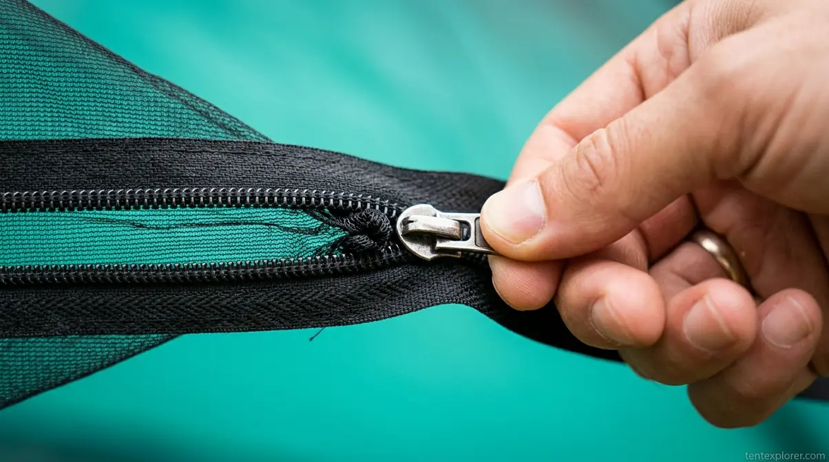 Hand pulling tent zipper slider backward to release snagged mesh fabric from teeth