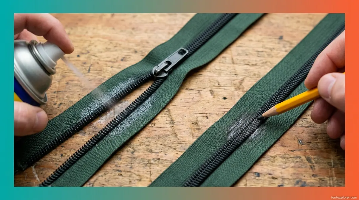 Silicone spray applied to tent zipper teeth for lubrication with graphite pencil alternative shown
