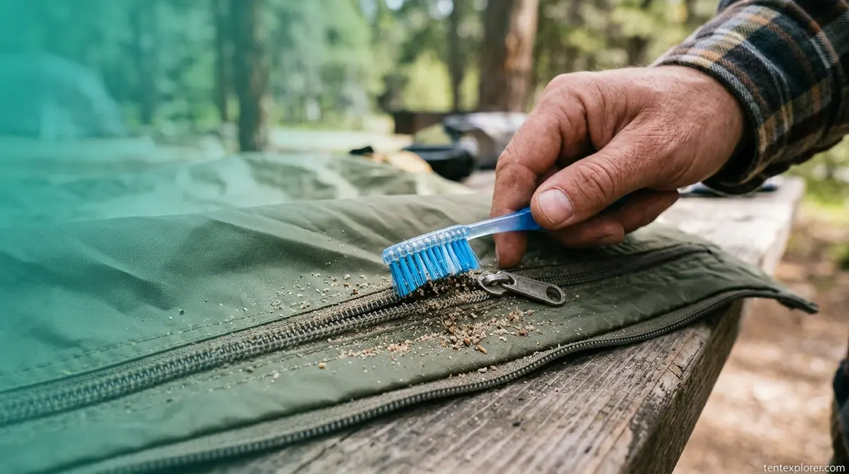 Hand cleaning stuck tent zipper teeth with toothbrush to remove sand and debris