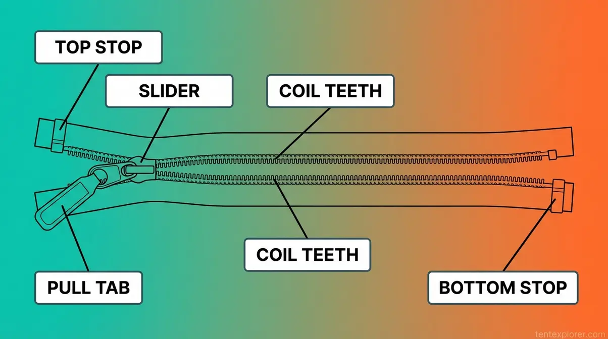 Labeled diagram of tent zipper parts showing slider, coil teeth, pull tab, top stop, and bottom stop
