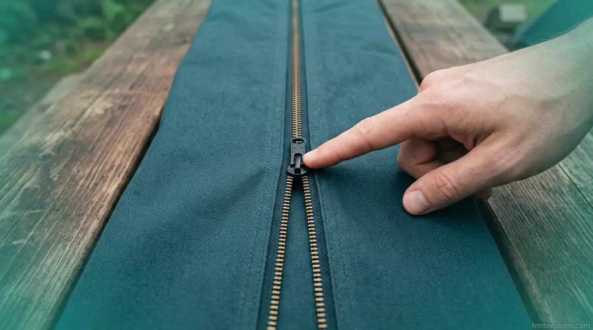 Close-up inspection of tent zipper slider and teeth for diagnosing repair problems