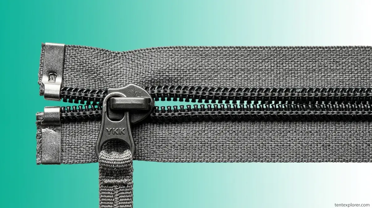 Macro close-up of tent zipper showing slider, nylon coil teeth, pull tab, and top stop