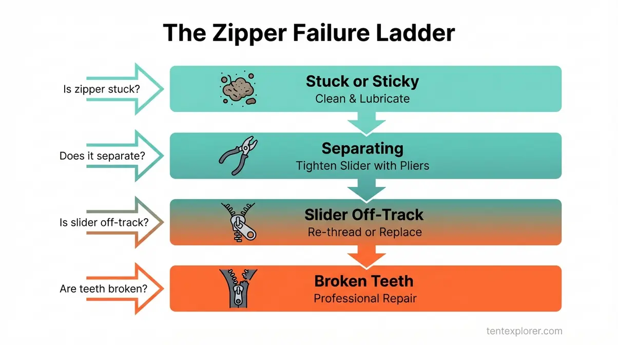 Flowchart showing four-rung tent zipper failure ladder from stuck zipper to broken teeth diagnosis