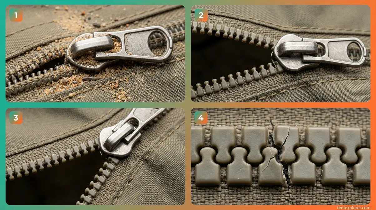 Four tent zipper failure types shown side by side: stuck, separating, derailed, and broken teeth