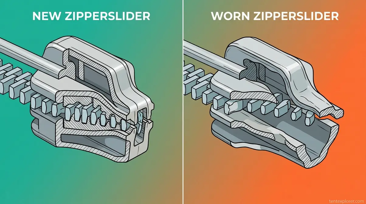 Cross-section illustration comparing new tight slider jaws versus worn widened slider jaws causing separation