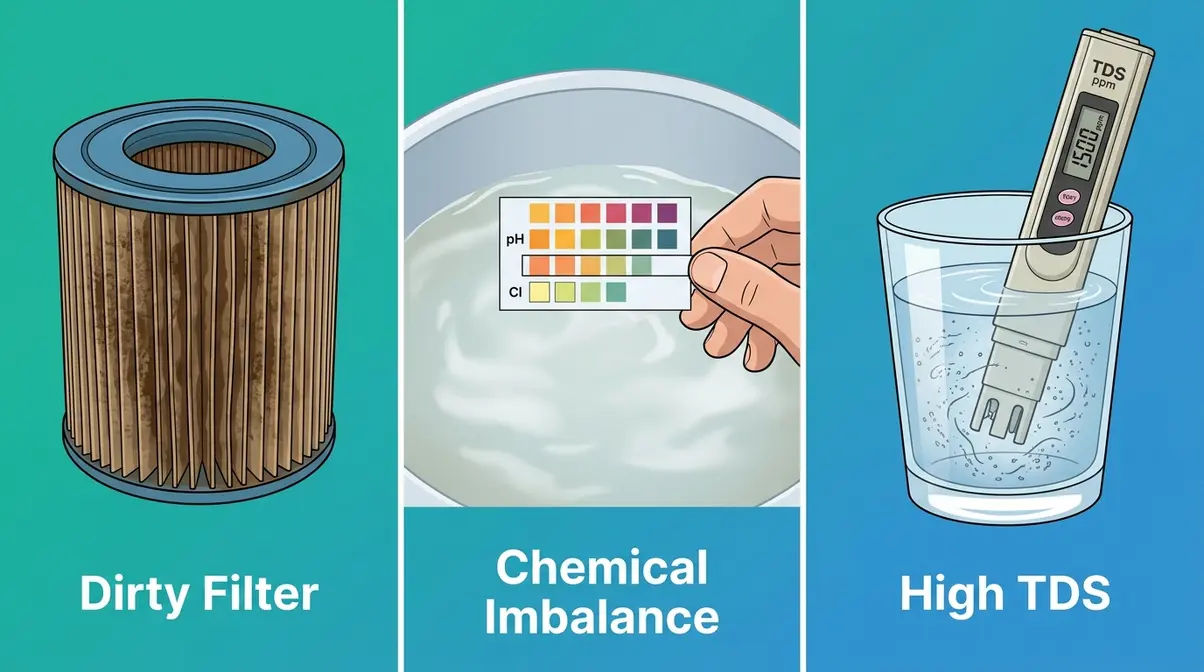Three causes of cloudy hot tub water: dirty filter, chemical imbalance, and high total dissolved solids
