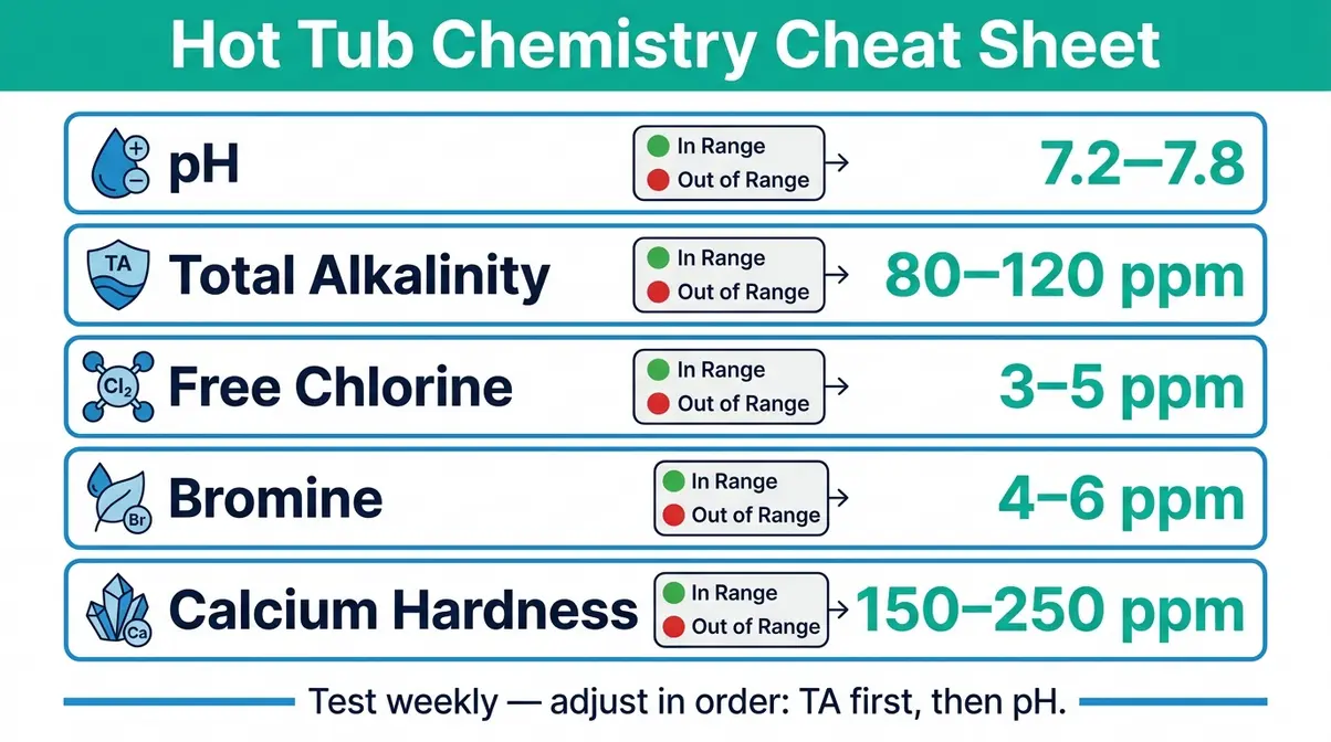 Hot tub chemistry cheat sheet showing pH alkalinity chlorine bromine and calcium hardness target ranges