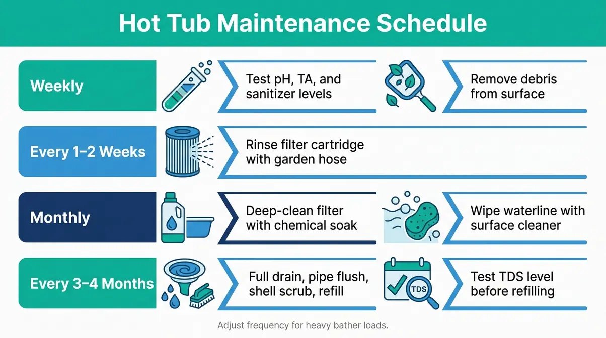 Hot tub maintenance calendar showing weekly testing bi-weekly filter cleaning and quarterly drain schedule