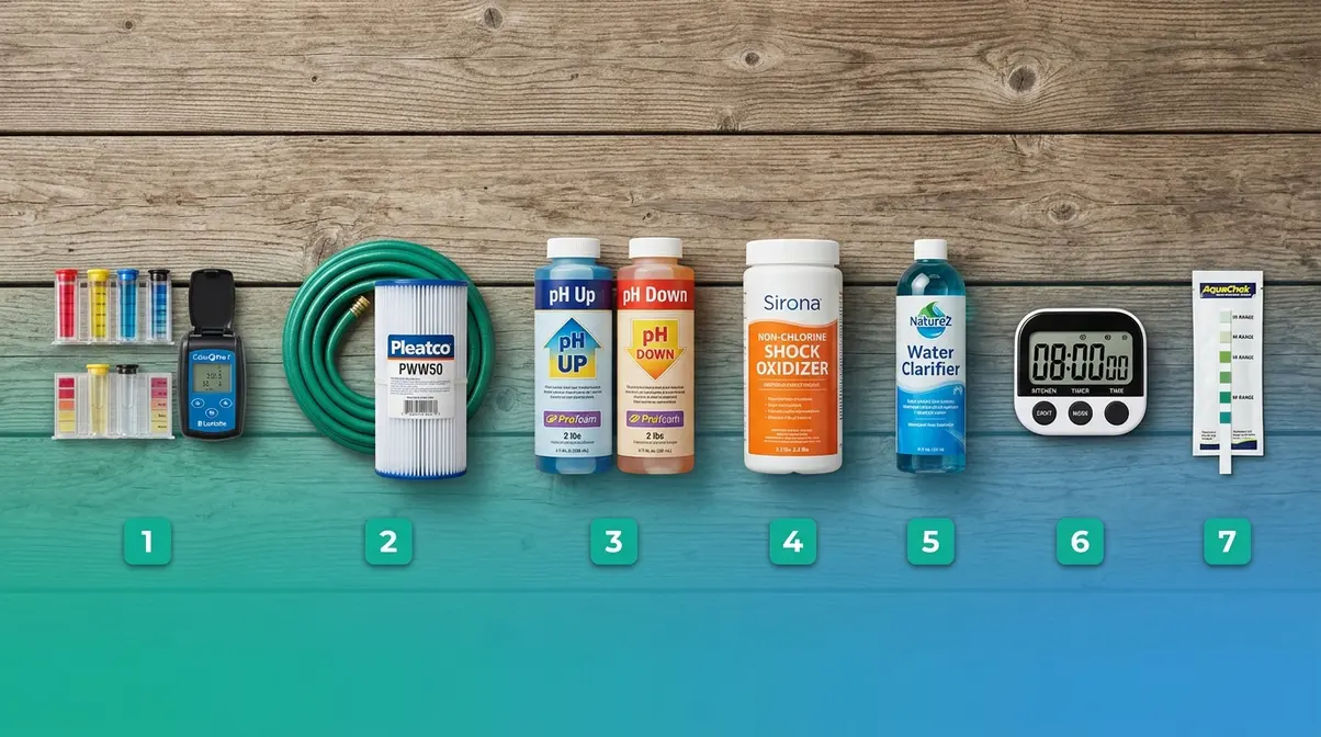 Seven hot tub treatment supplies arranged in order for fixing cloudy water step by step