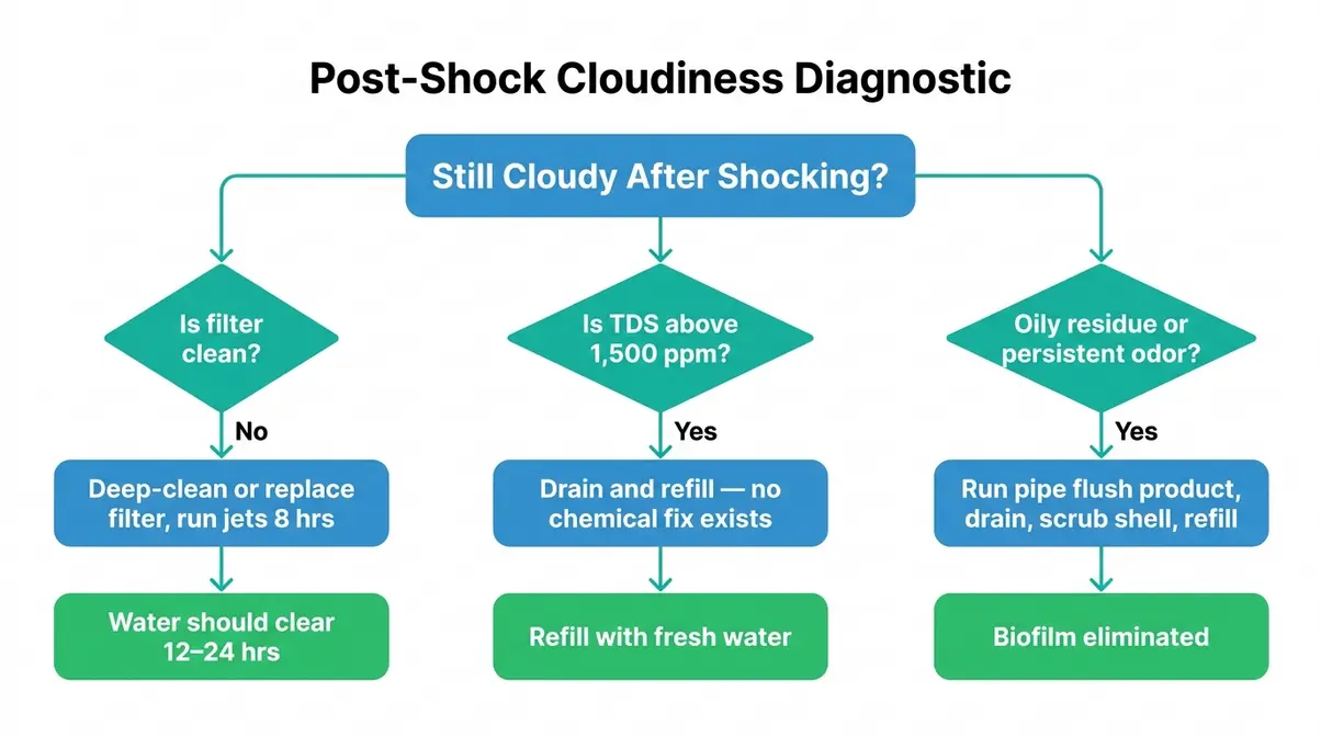 Decision tree diagram for diagnosing cloudy hot tub water after shocking covering filter TDS and biofilm