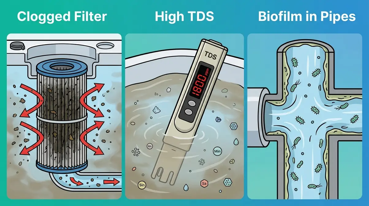 Three reasons hot tub water stays cloudy after shocking: clogged filter, high TDS, and pipe biofilm