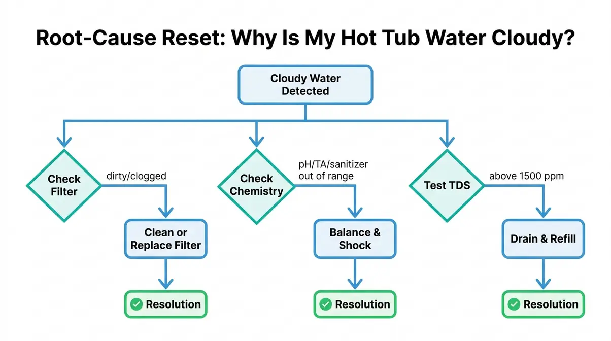 Flowchart showing three root causes of cloudy hot tub water: filter, chemistry, and TDS