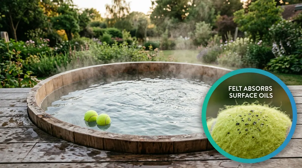 Tennis balls floating in hot tub water absorbing surface oils and lotions to improve water clarity