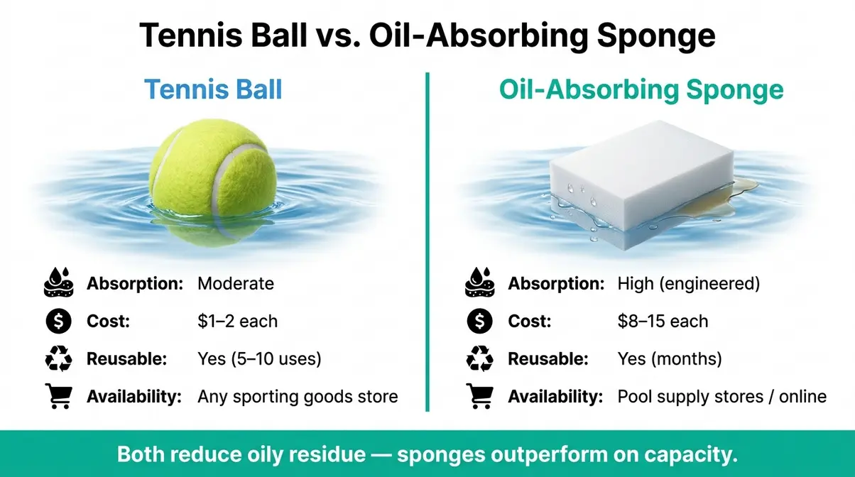 Side-by-side comparison of tennis ball versus oil-absorbing sponge for reducing hot tub water cloudiness