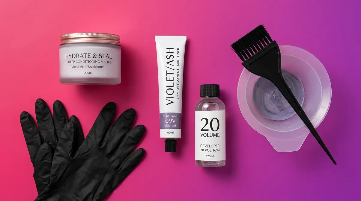 Demi-permanent hair toner supplies including developer mixing bowl brush and gloves for fixing yellow hair