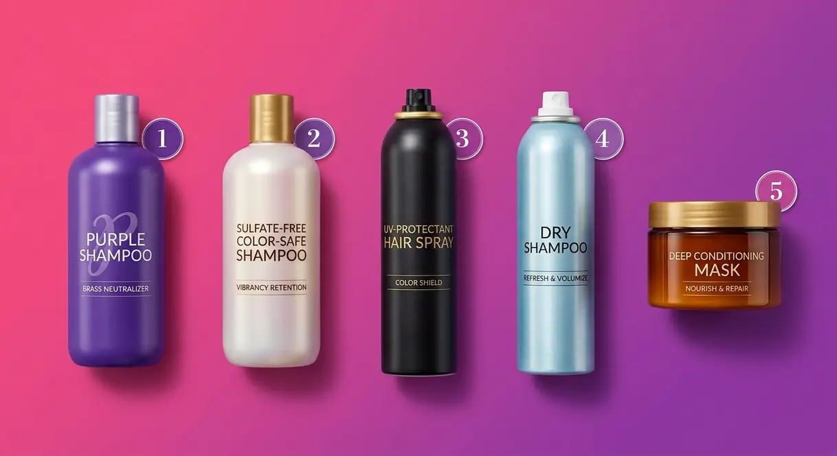 Hair color maintenance products including purple shampoo sulfate-free shampoo and UV spray to prevent yellow returning