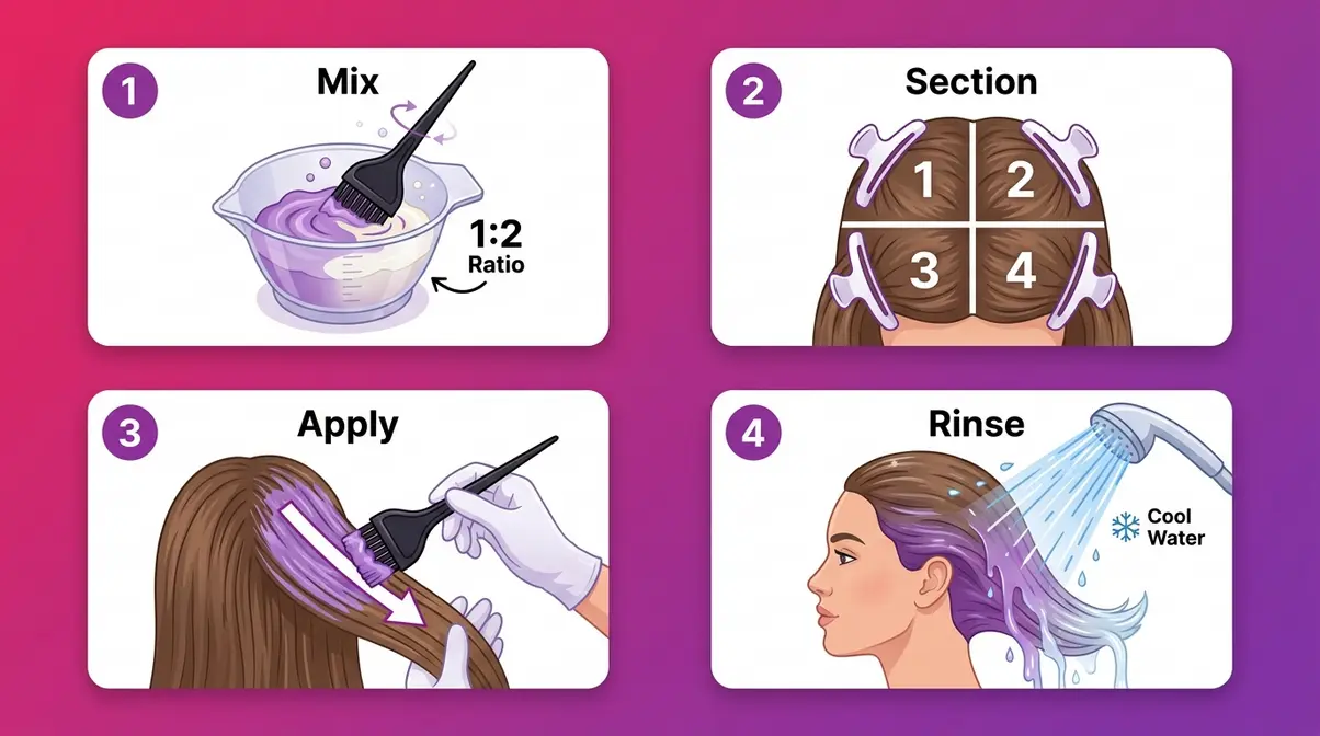 How to apply hair toner at home step-by-step visual guide showing mixing, sectioning, brushing, and rinsing