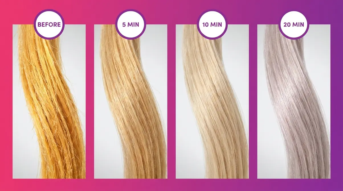 Before and after purple shampoo results on yellow bleached hair at 5, 10, and 20 minutes