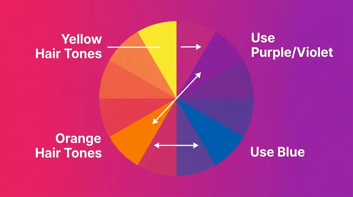 Color wheel showing purple cancels yellow and blue cancels orange for fixing brassy hair tones
