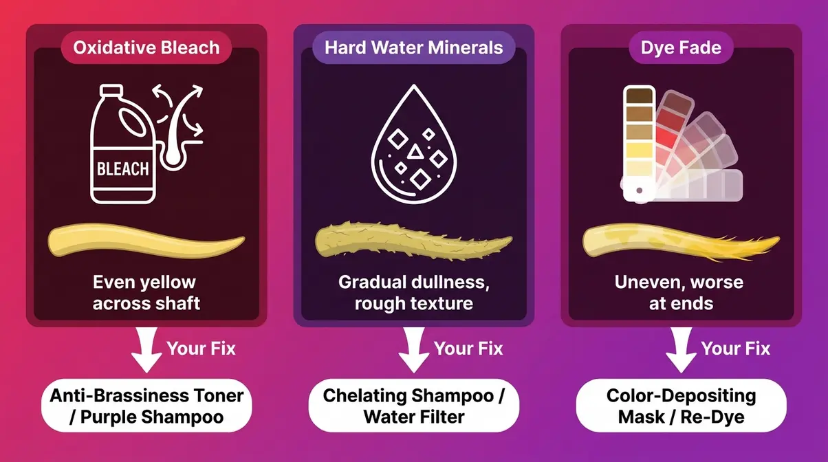 Yellow hair diagnosis chart comparing oxidative bleach yellowing, hard water buildup, and dye fade side by side
