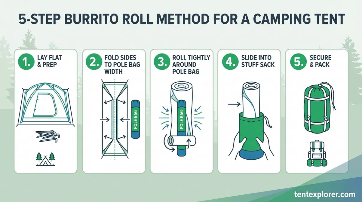 Step-by-step infographic showing how to fold and store a tent using the burrito roll method