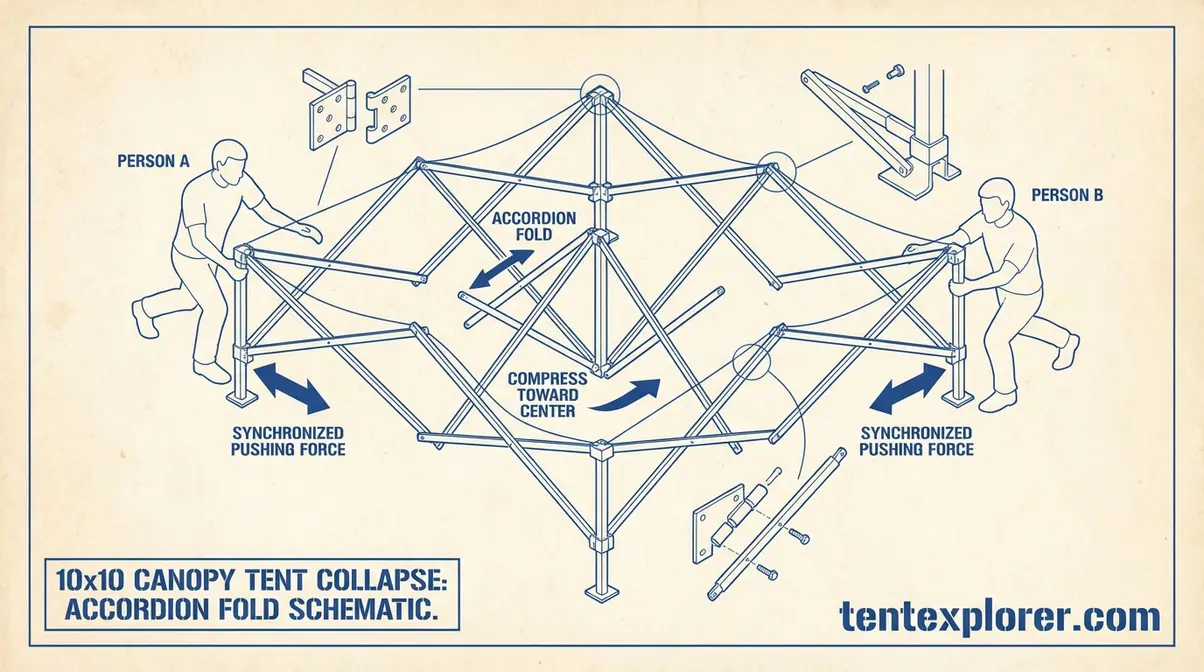 Diagram showing two-person accordion collapse method for 10x10 canopy tent with leg positions labeled
