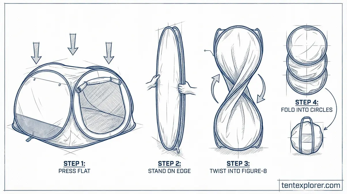 Step-by-step diagram of the figure-8 twist method for folding a large Coleman-style pop-up tent