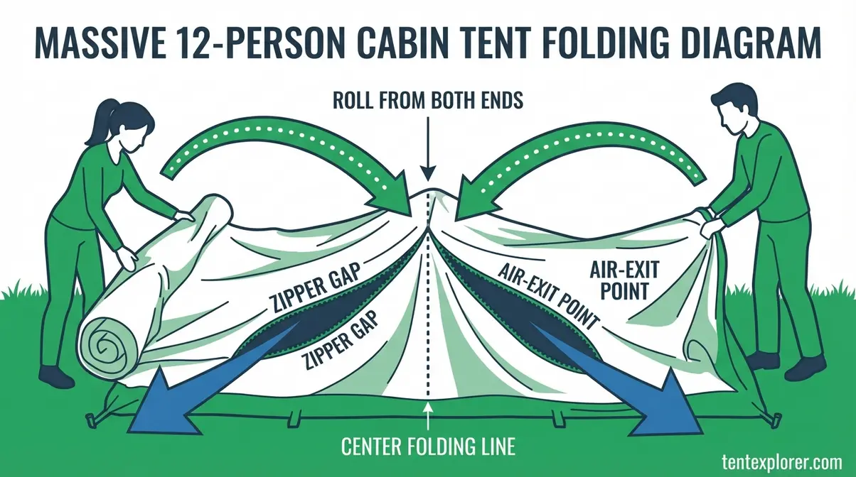 Diagram showing two-person folding technique for large family tents with air-exit points labeled