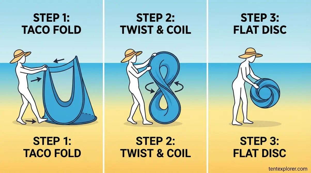 Illustrated steps for folding a small pop-up beach tent using the taco fold method