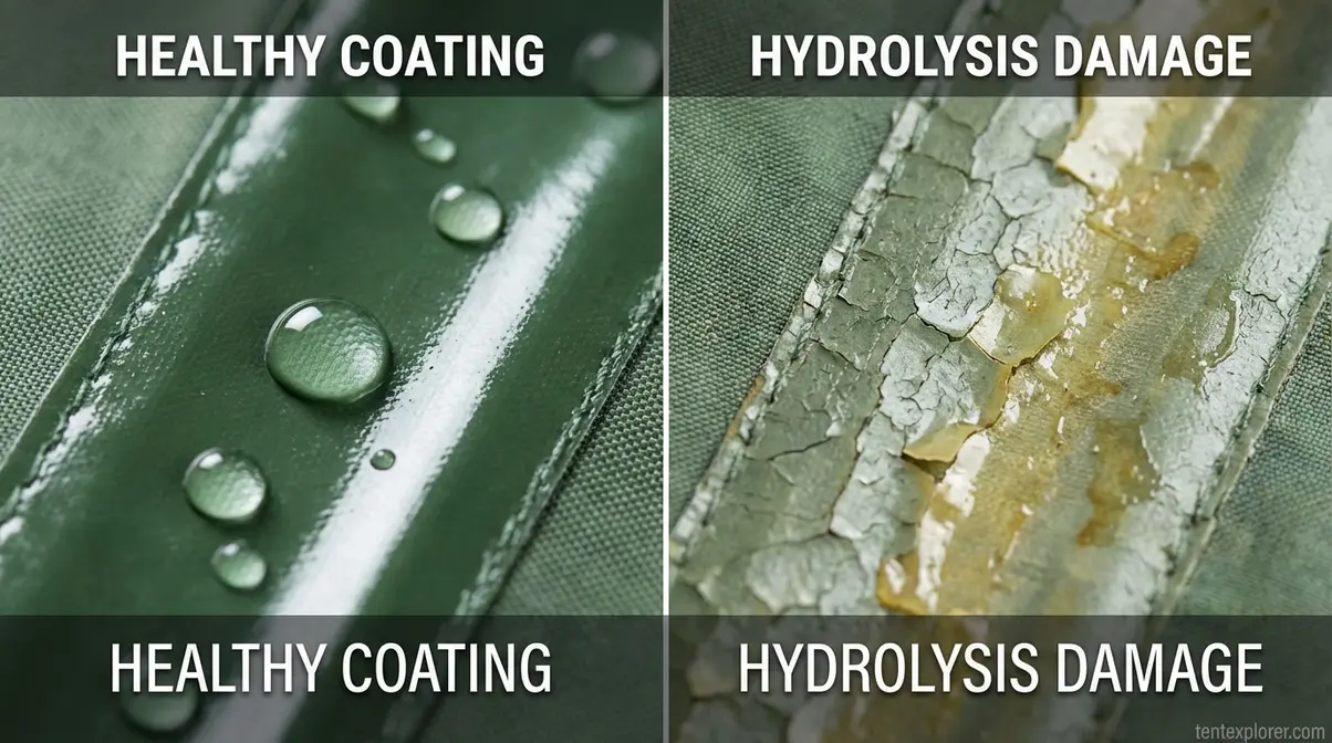 Side-by-side comparison showing healthy tent PU coating versus hydrolysis-damaged sticky coating