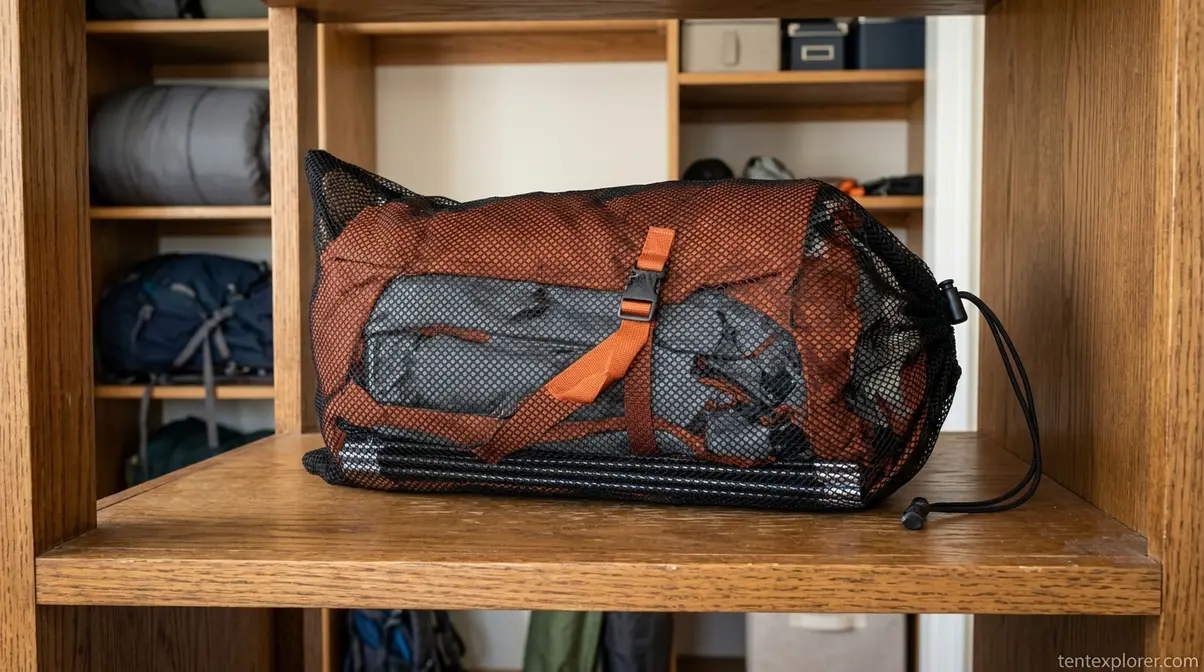 Properly folded tent stored loosely in a breathable mesh bag indoors