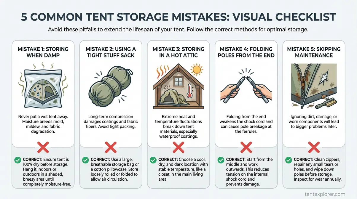 Visual checklist of the 5 most common tent storage mistakes with icons for each