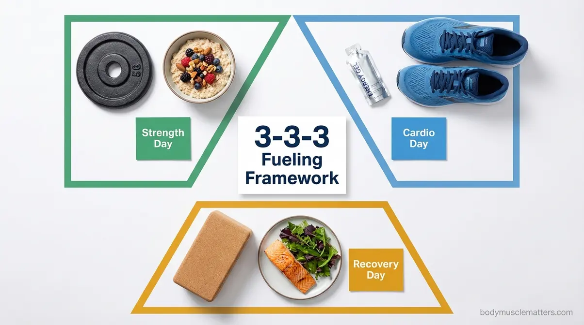 The 3-3-3 Fueling Framework showing nutrition plans for strength, cardio, and active recovery days