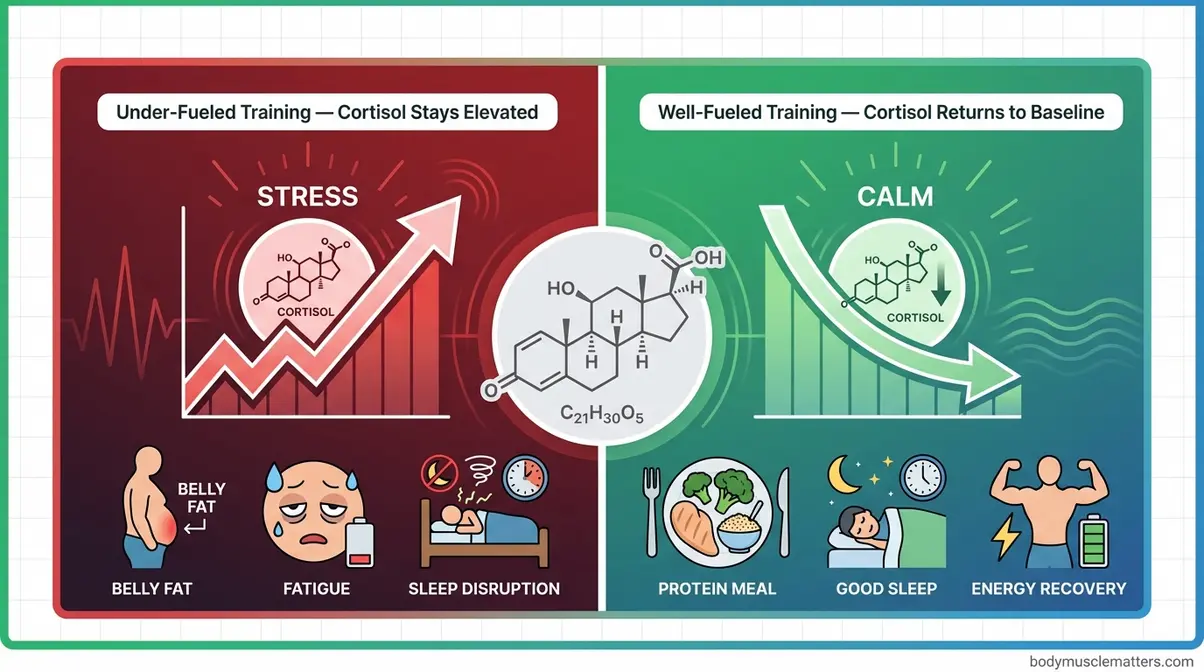 Split panel showing how under-fueled versus well-fueled training affects cortisol levels and recovery