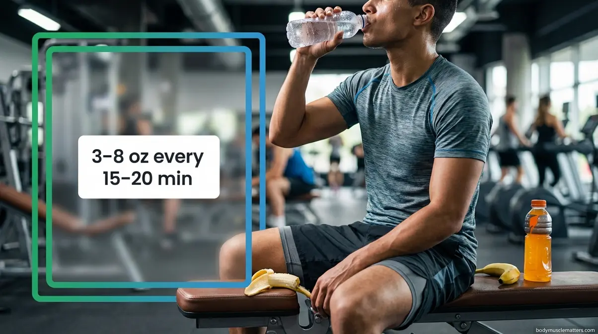 Athlete drinking water during workout with sports drink and banana visible for mid-session hydration and fueling