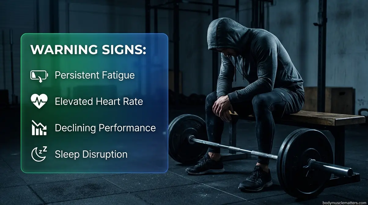 Exhausted athlete sitting on gym bench showing signs of overtraining syndrome including fatigue and declining performance