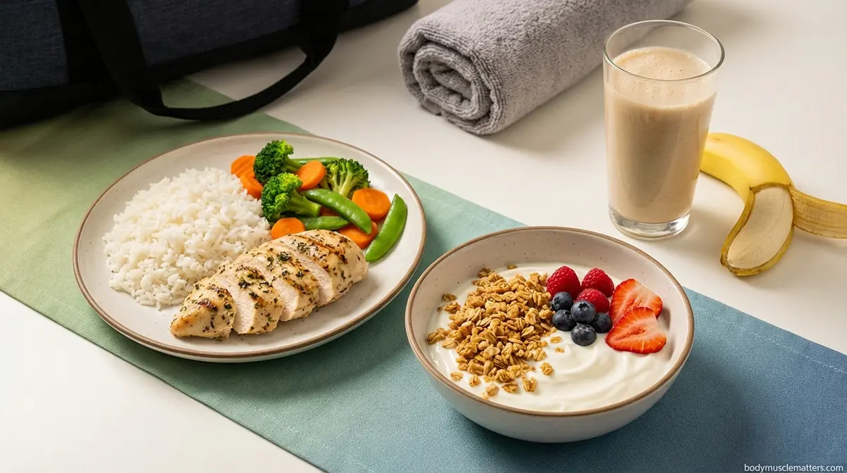 Post-workout recovery meal options including grilled chicken with rice, Greek yogurt with granola, and protein shake with banana
