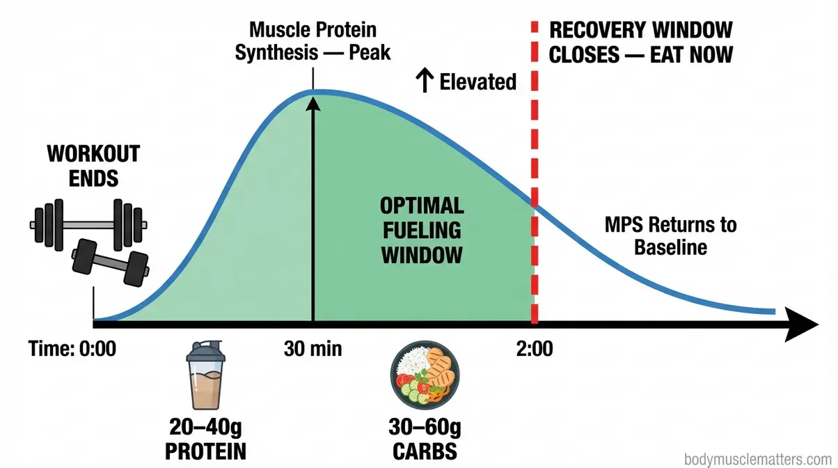 Diagram showing the 2-hour post-workout recovery window for muscle protein synthesis and glycogen replenishment